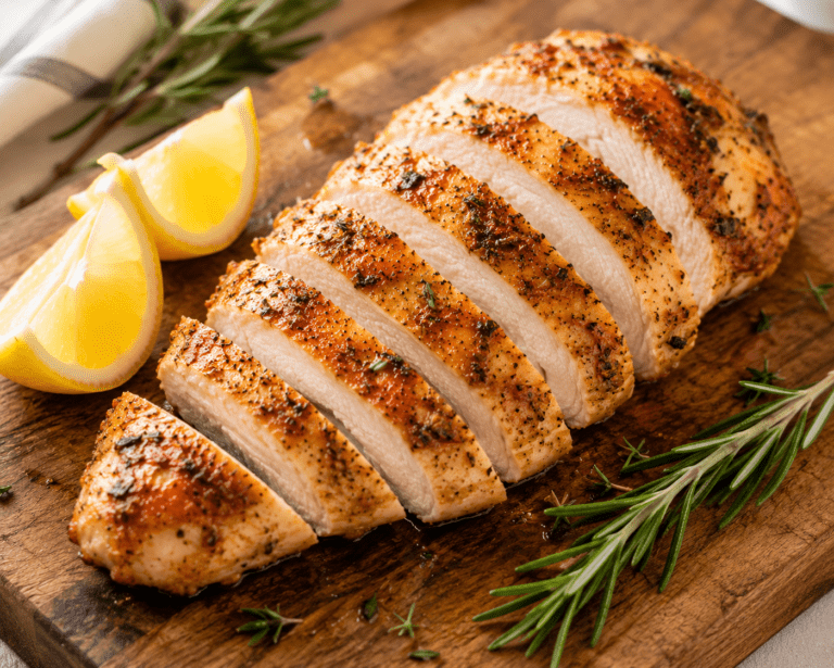 juicy air fryer chicken breast sliced on a wooden cutting board