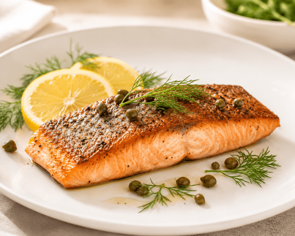crispy skin air fryer salmon fillet on a white plate with lemon and dill