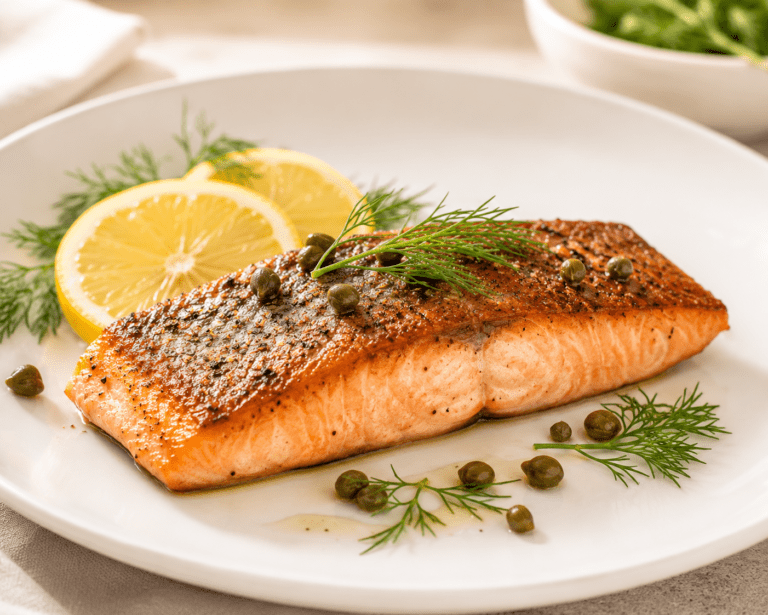 crispy skin air fryer salmon fillet on a white plate with lemon and dill