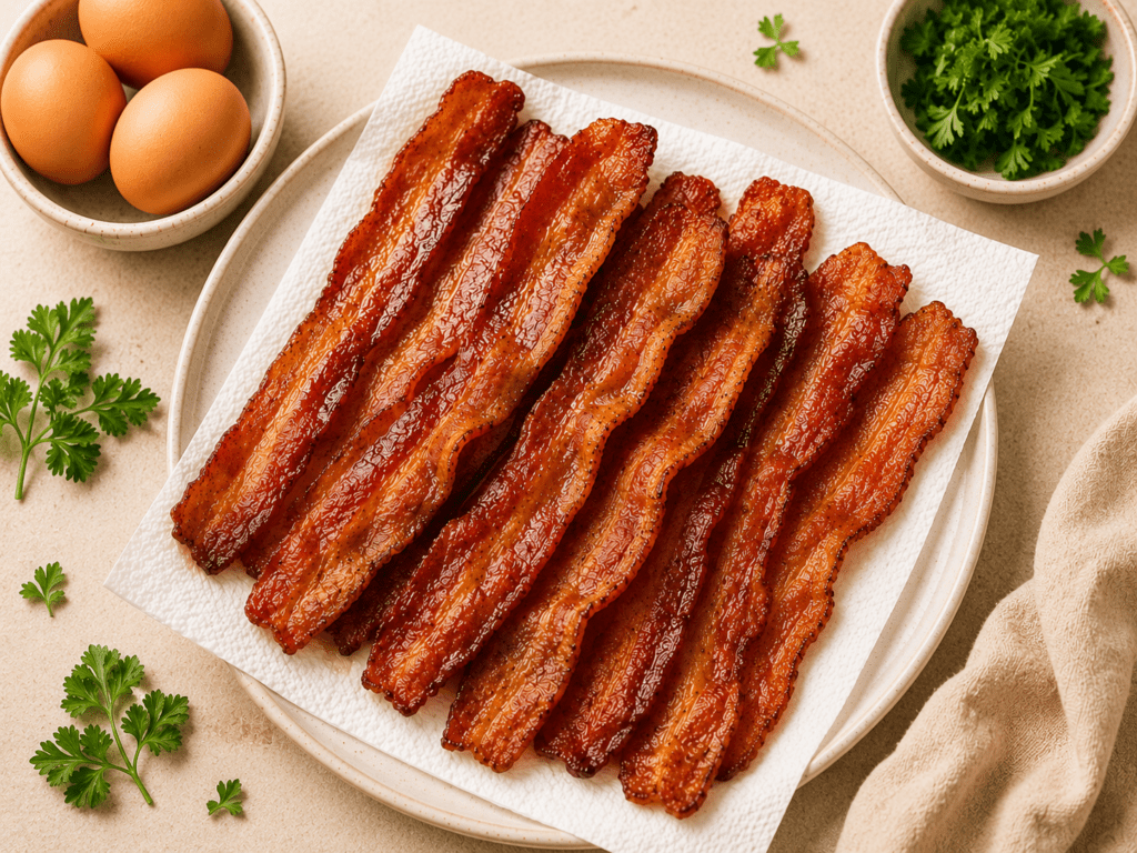crispy air fryer bacon strips on white paper towels golden brown