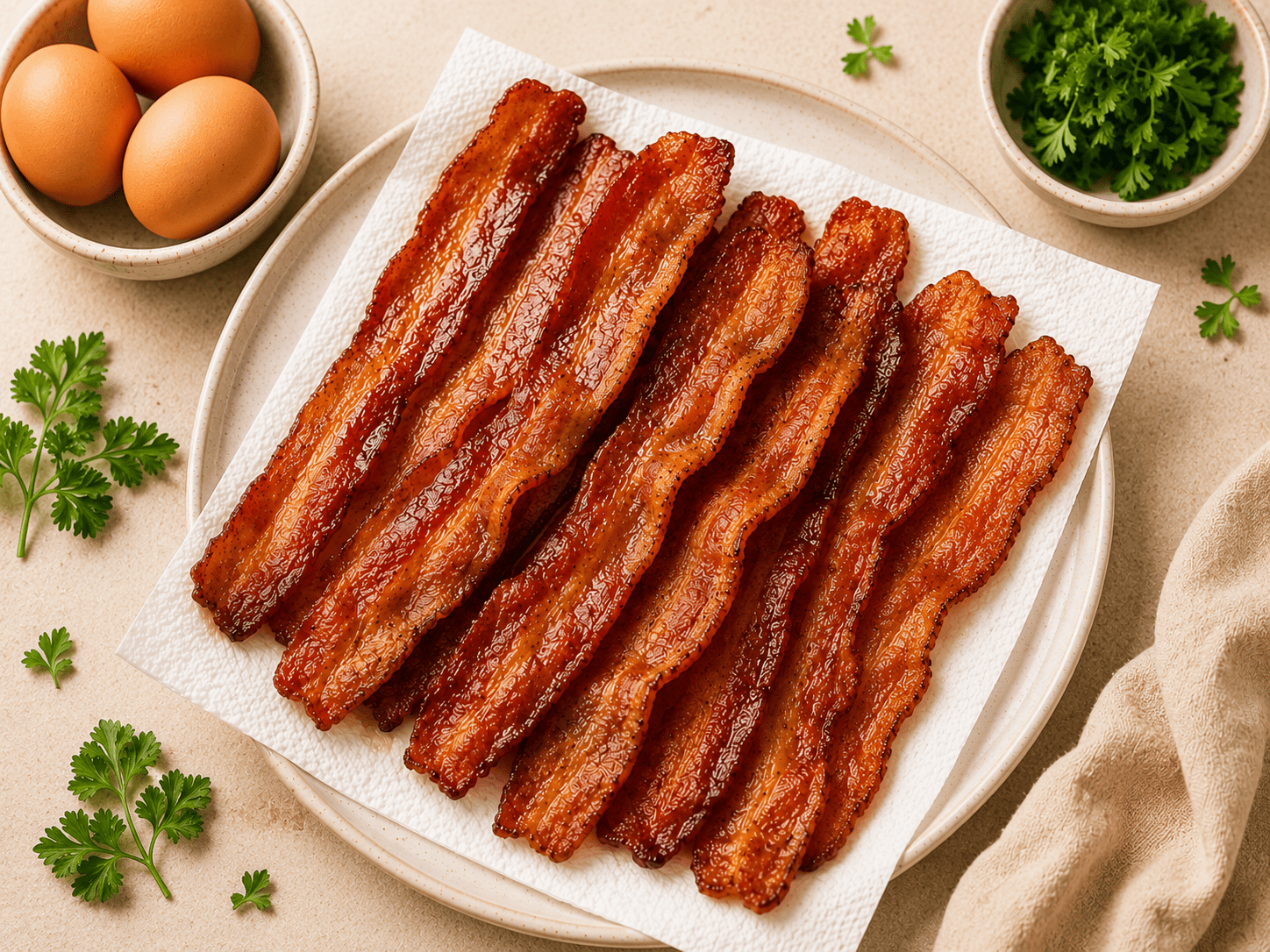 crispy air fryer bacon strips on white paper towels golden brown