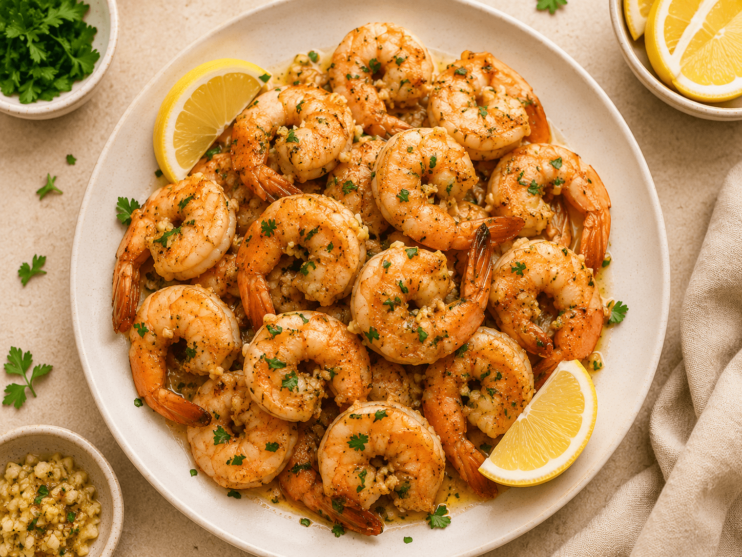 garlic butter air fryer shrimp on a white plate with parsley and lemon wedges