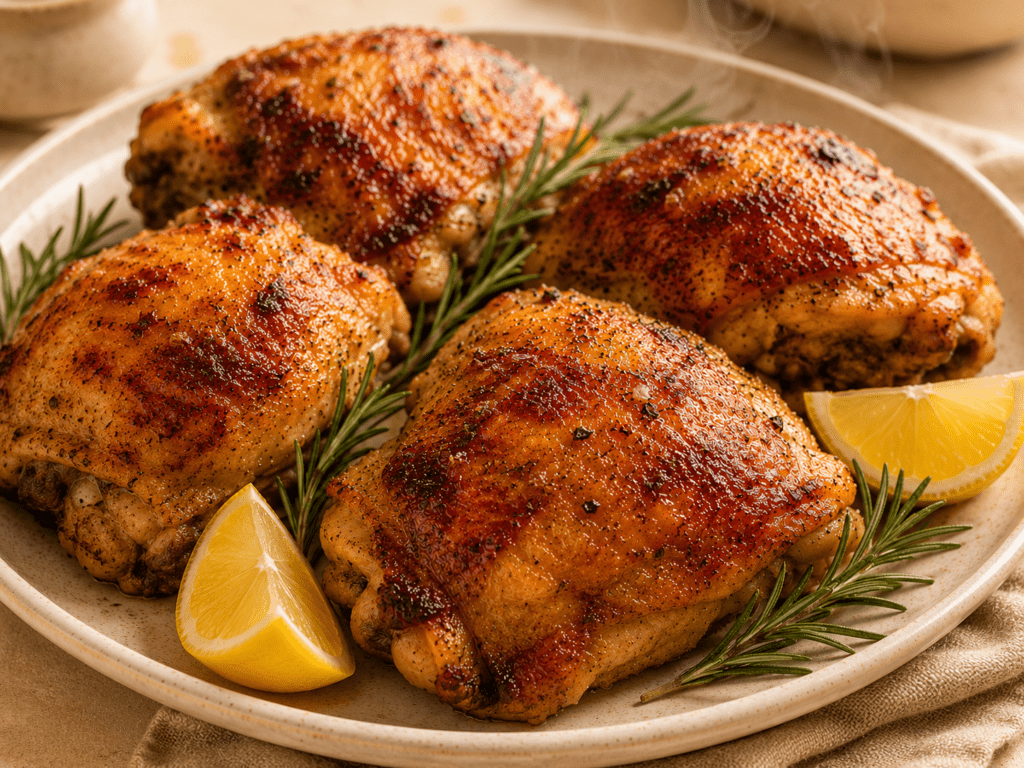 crispy skin air fryer chicken thighs on a white plate with rosemary and lemon