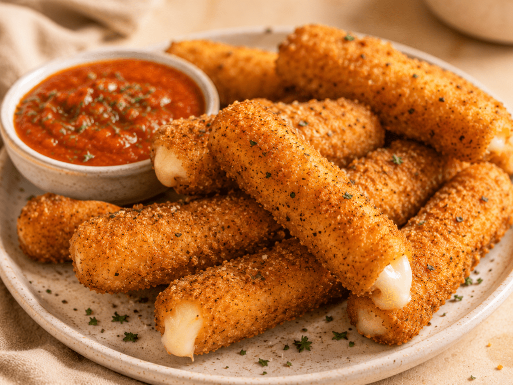crispy air fryer frozen mozzarella sticks on a white plate with marinara dipping sauce
