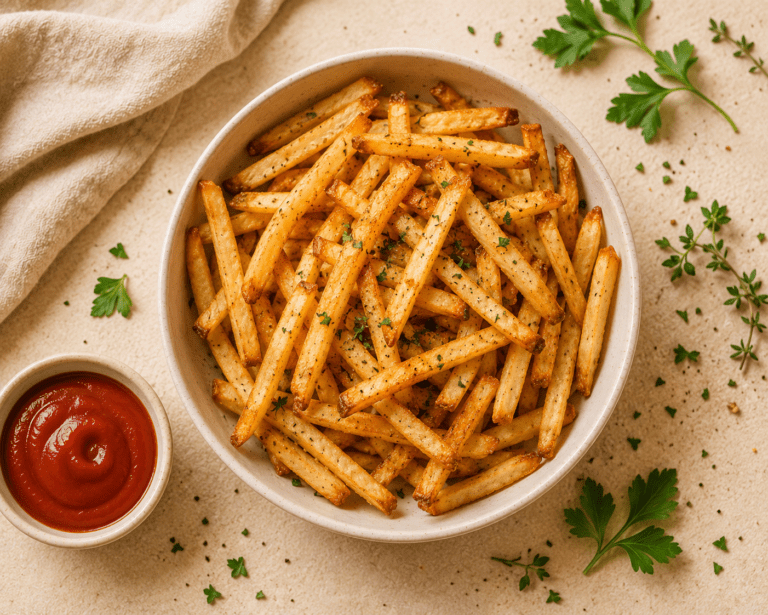 crispy golden air fryer french fries in a white bowl with ketchup