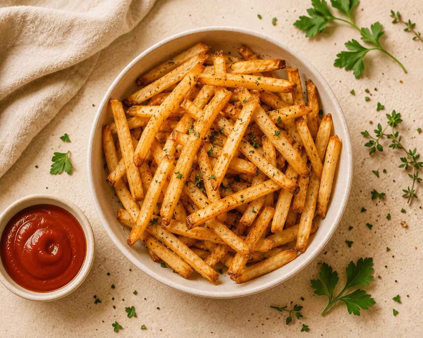 crispy golden air fryer french fries in a white bowl with ketchup