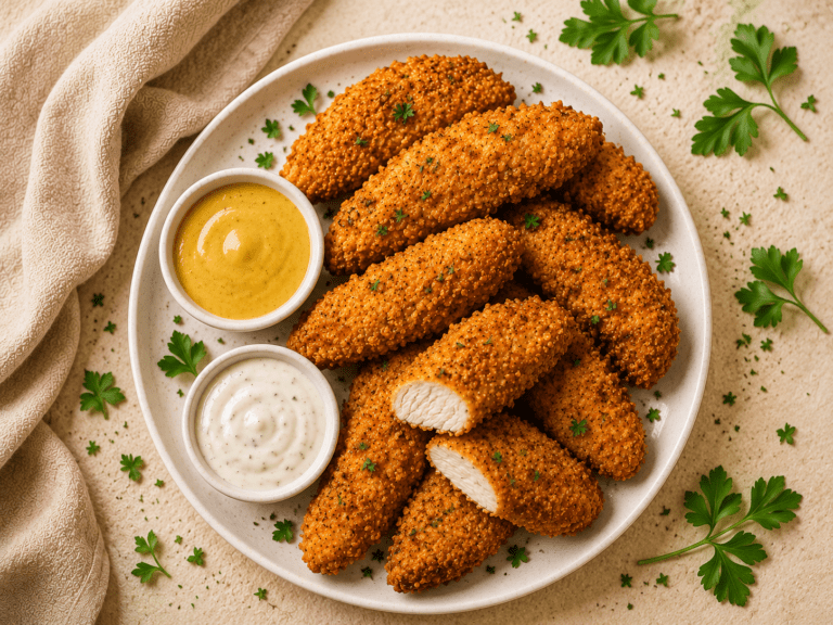 golden crispy air fryer chicken tenders on a white plate with honey mustard and ranch dipping sauce