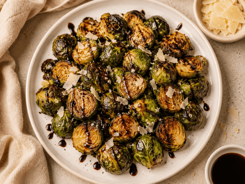crispy golden air fryer Brussels sprouts on a white plate with balsamic glaze and parmesan