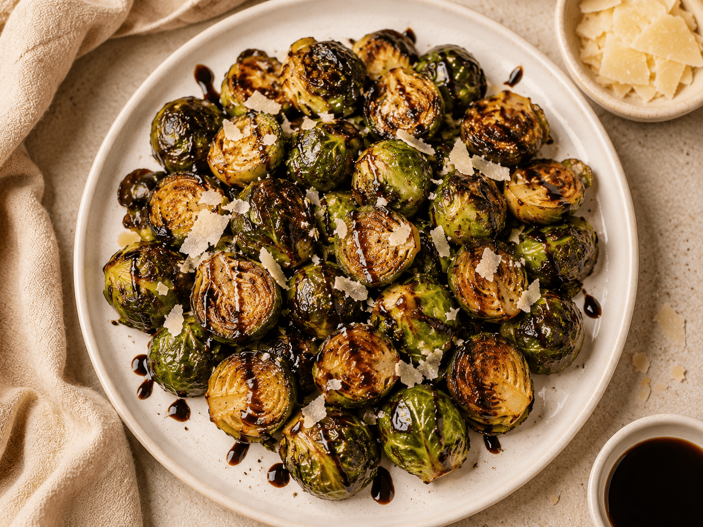crispy golden air fryer Brussels sprouts on a white plate with balsamic glaze and parmesan