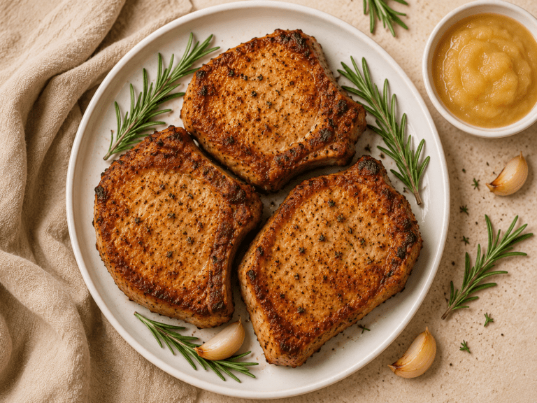 golden crispy air fryer pork chops on a white plate with rosemary and garlic