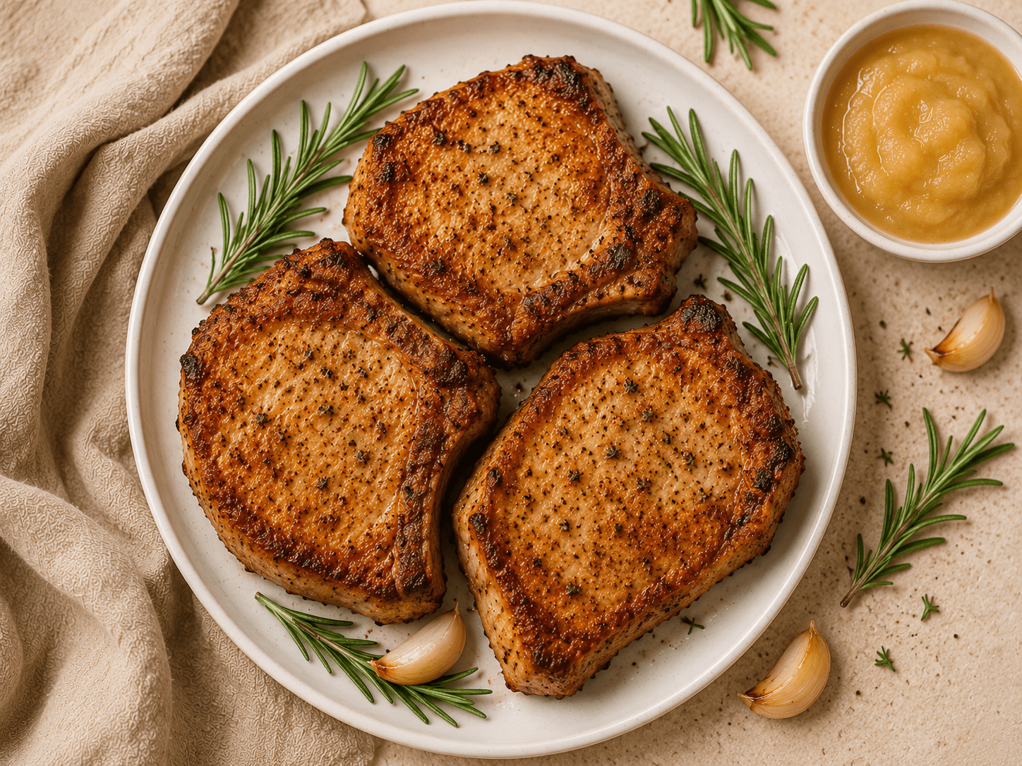 golden crispy air fryer pork chops on a white plate with rosemary and garlic
