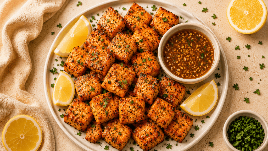 golden crispy air fryer salmon bites on a white plate with honey garlic dipping sauce and lemon