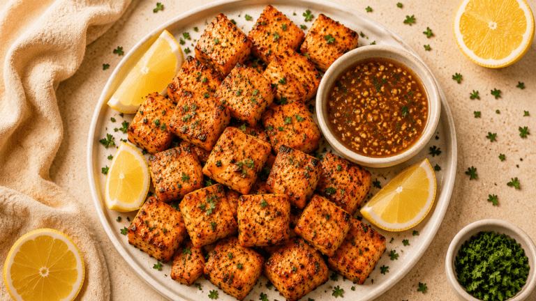 golden crispy air fryer salmon bites on a white plate with honey garlic dipping sauce and lemon
