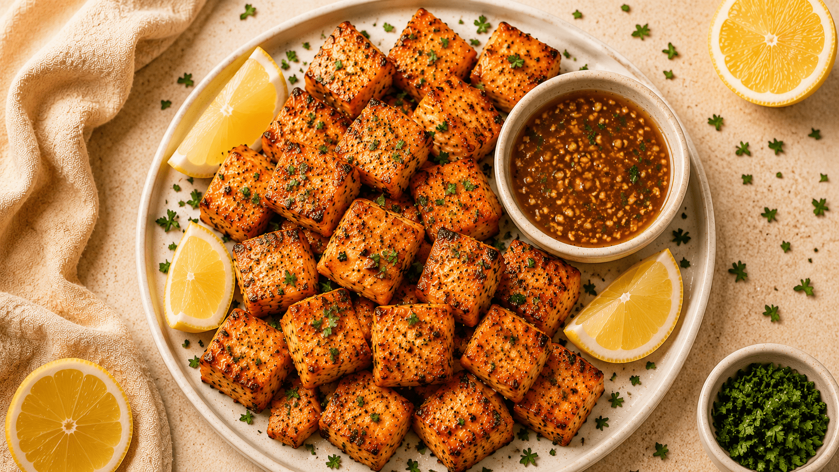 golden crispy air fryer salmon bites on a white plate with honey garlic dipping sauce and lemon