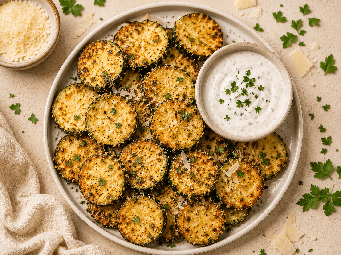 golden crispy air fryer zucchini slices on a white plate with ranch dipping sauce and parmesan