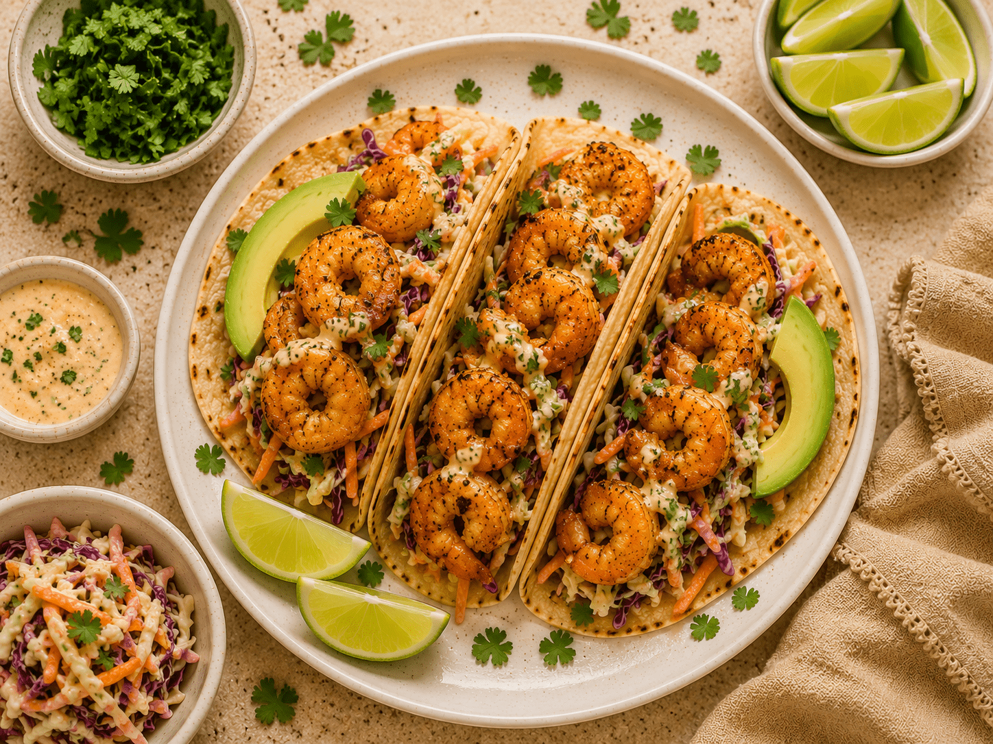 crispy air fryer shrimp tacos on a white plate with coleslaw avocado lime and cilantro