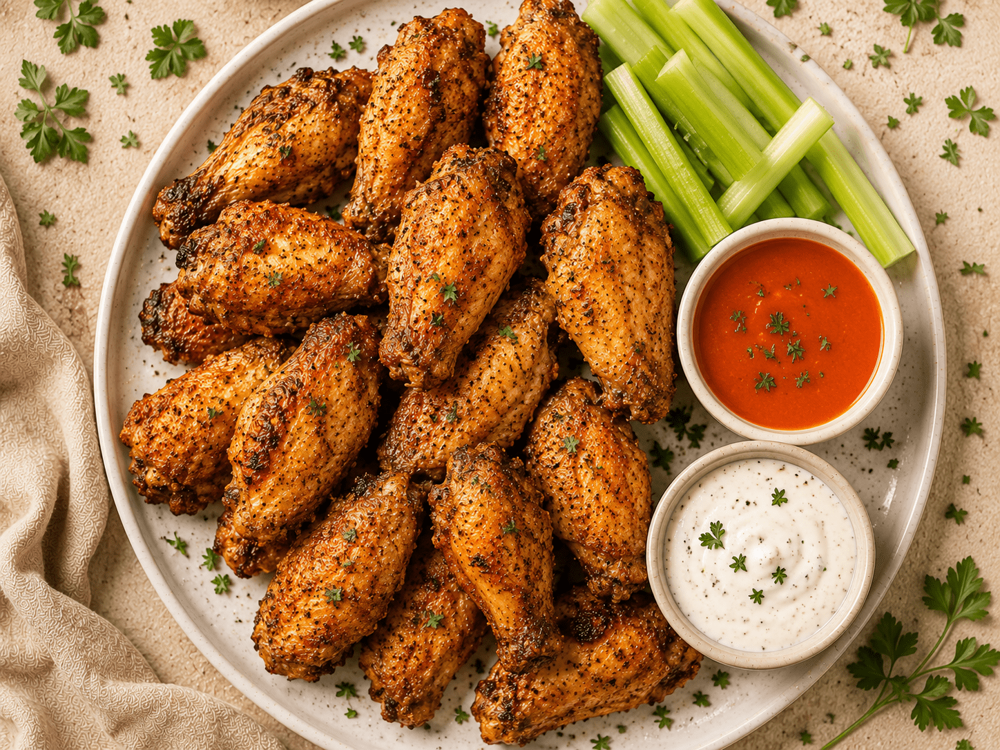 golden crispy air fryer chicken wings on a white plate with buffalo sauce ranch and celery