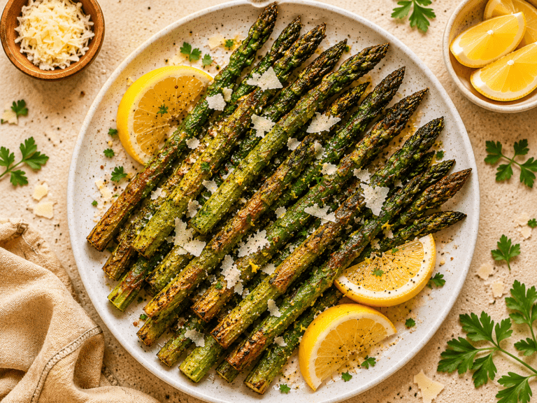 perfectly crispy golden air fryer asparagus spears on a white plate with lemon and parmesan