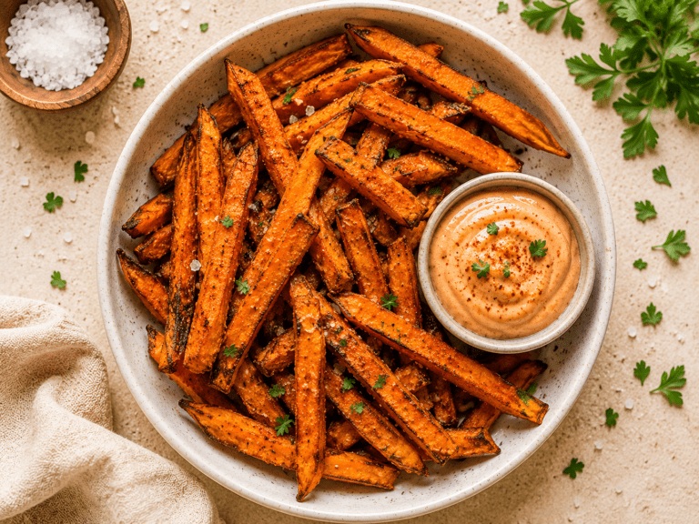 golden crispy air fryer sweet potato fries in a white bowl with chipotle dipping sauce