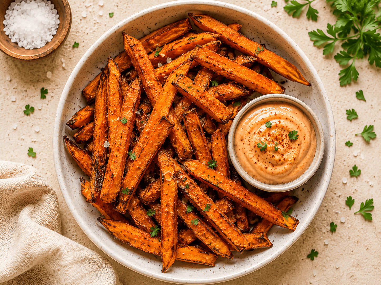 golden crispy air fryer sweet potato fries in a white bowl with chipotle dipping sauce