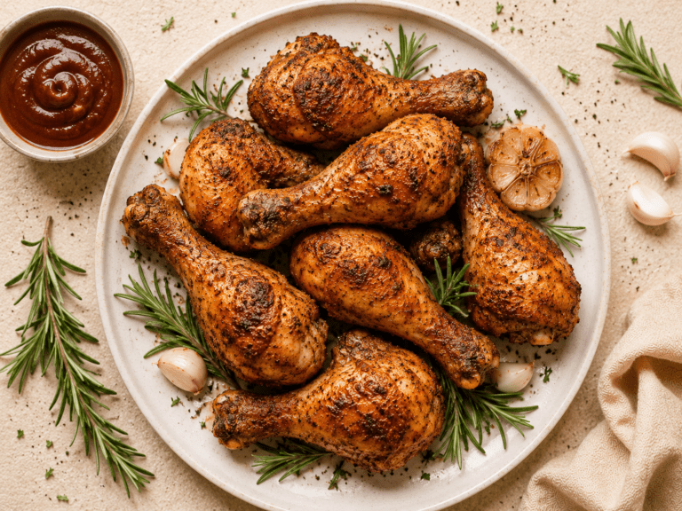 golden crispy air fryer chicken drumsticks on a white plate with BBQ sauce and rosemary