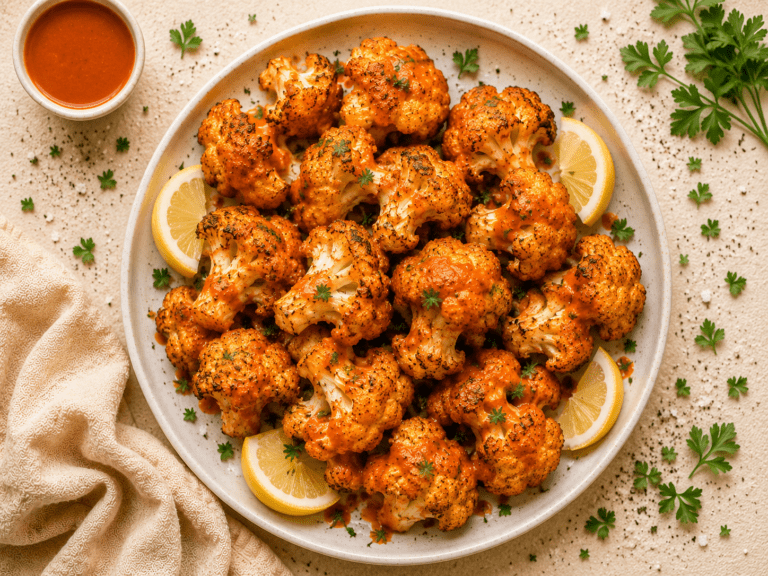 golden crispy air fryer cauliflower florets on a white plate with buffalo sauce and parsley