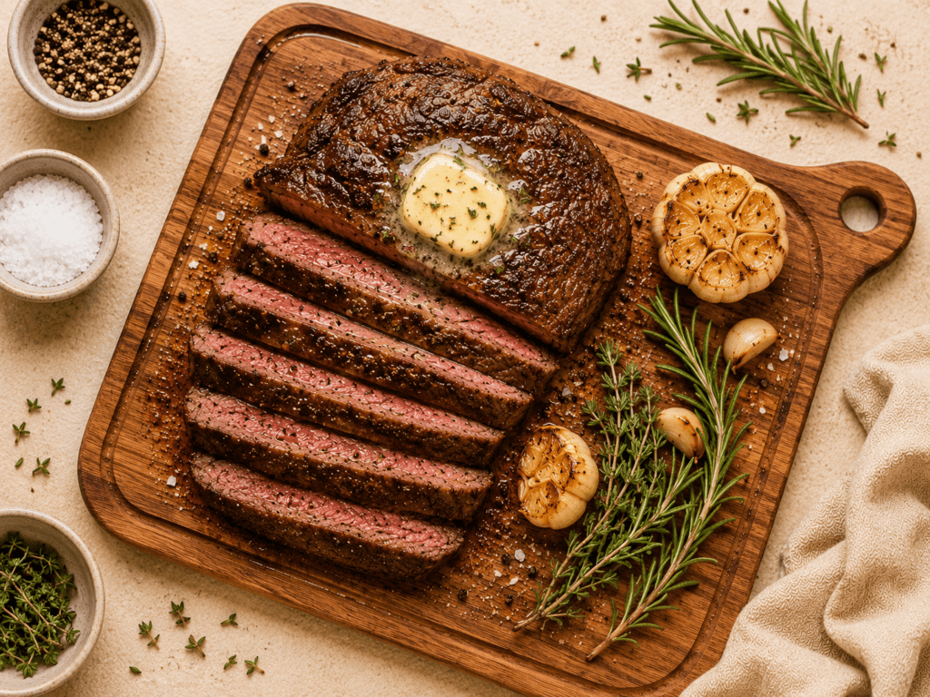 perfectly cooked air fryer steak sliced on a wooden cutting board with garlic butter and rosemary