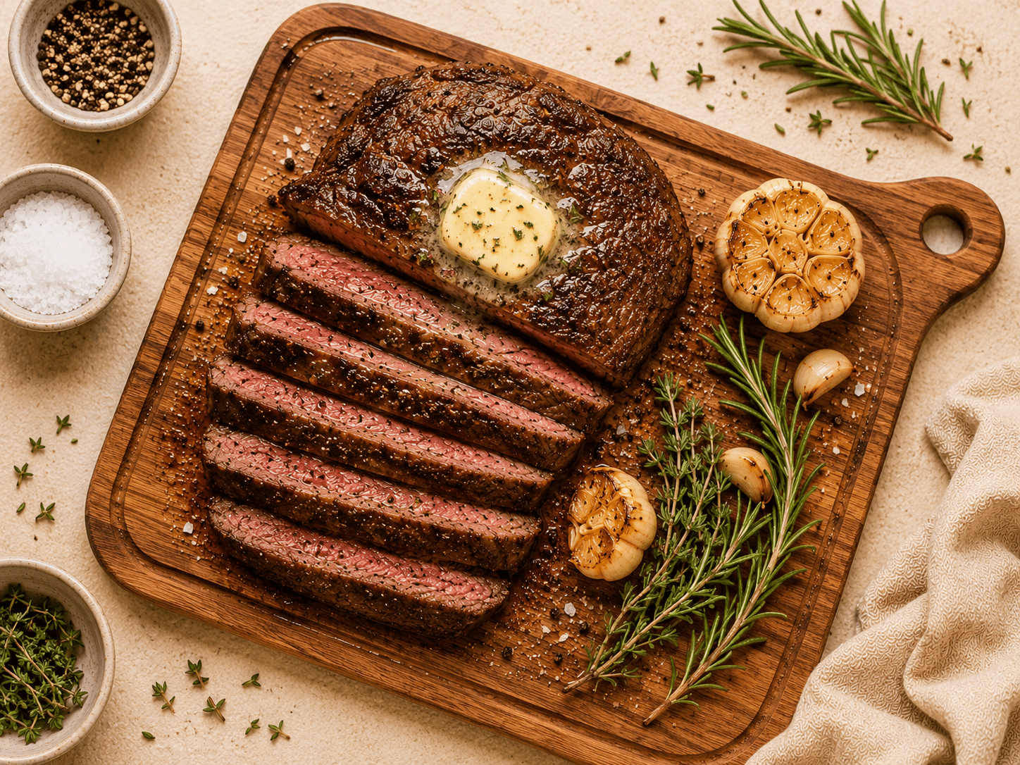perfectly cooked air fryer steak sliced on a wooden cutting board with garlic butter and rosemary