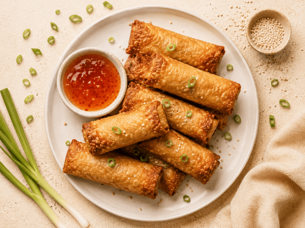 golden crispy air fryer egg rolls on a white plate with sweet chili dipping sauce and green onions