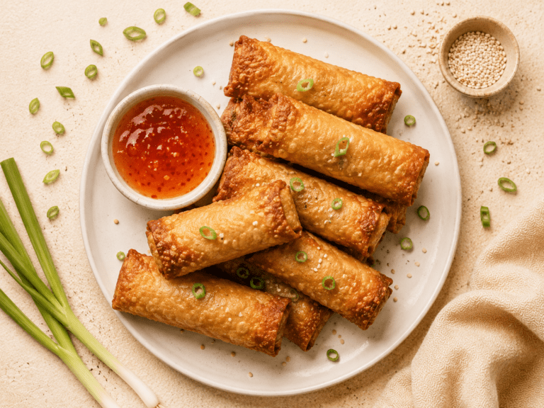 golden crispy air fryer egg rolls on a white plate with sweet chili dipping sauce and green onions
