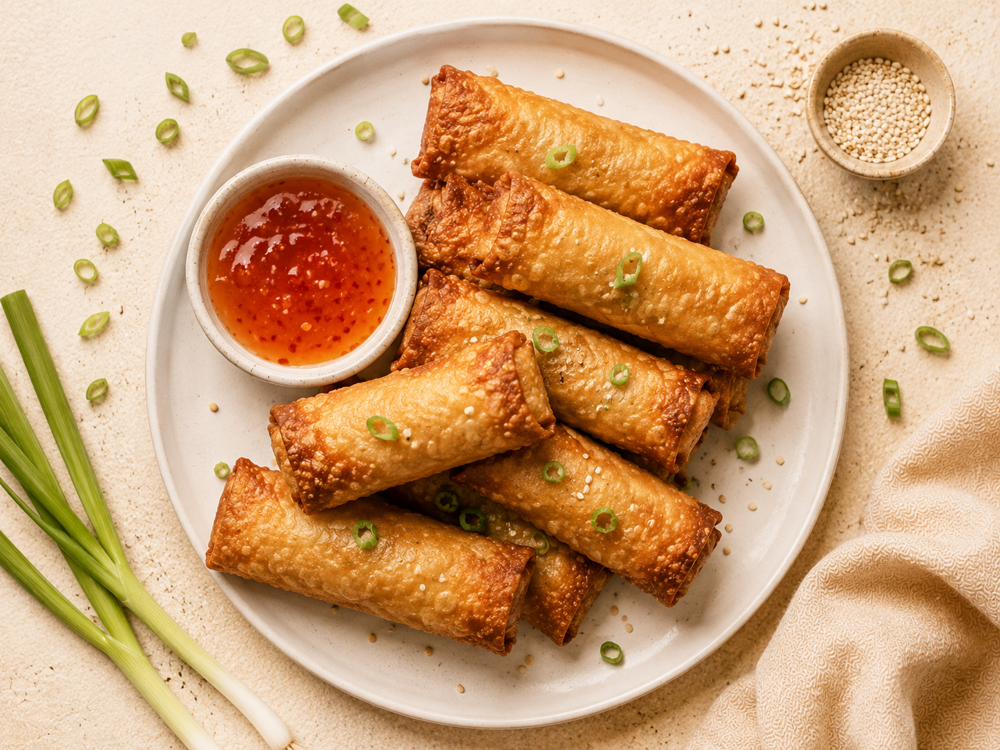 golden crispy air fryer egg rolls on a white plate with sweet chili dipping sauce and green onions