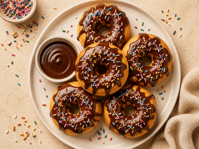 golden fluffy air fryer donuts on a white plate with chocolate glaze and rainbow sprinkles