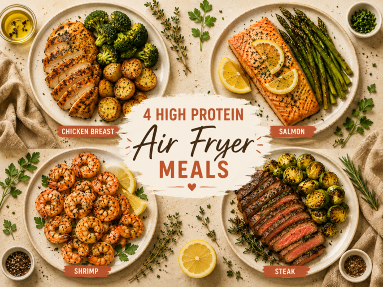 collage of 15 high protein air fryer meals including chicken salmon shrimp and steak