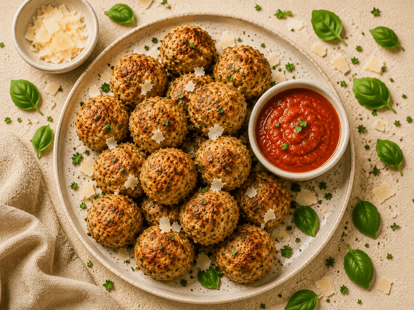 golden juicy air fryer turkey meatballs on a white plate with marinara sauce and fresh basil