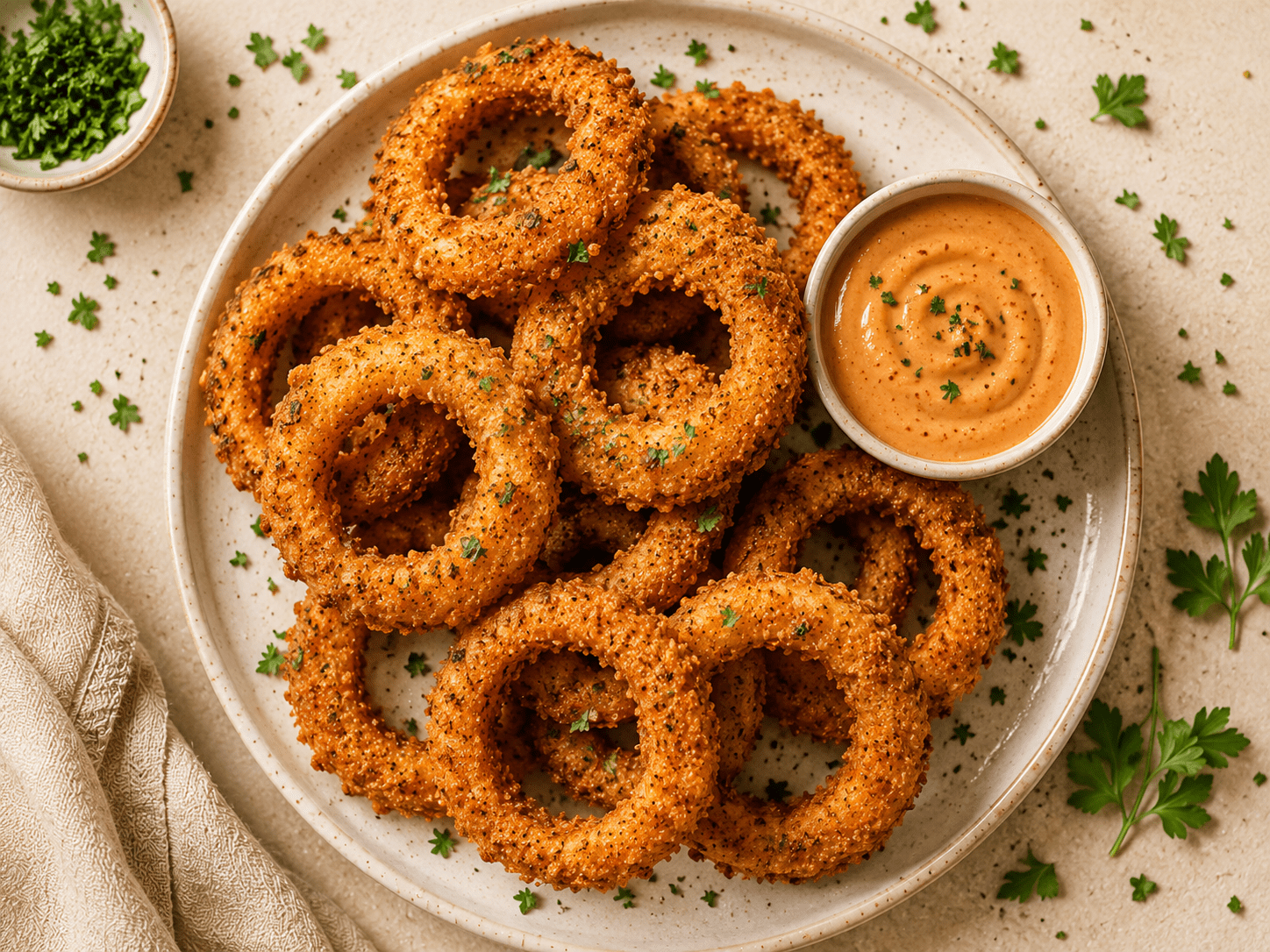 golden crispy air fryer onion rings stacked on a white plate with chipotle dipping sauce