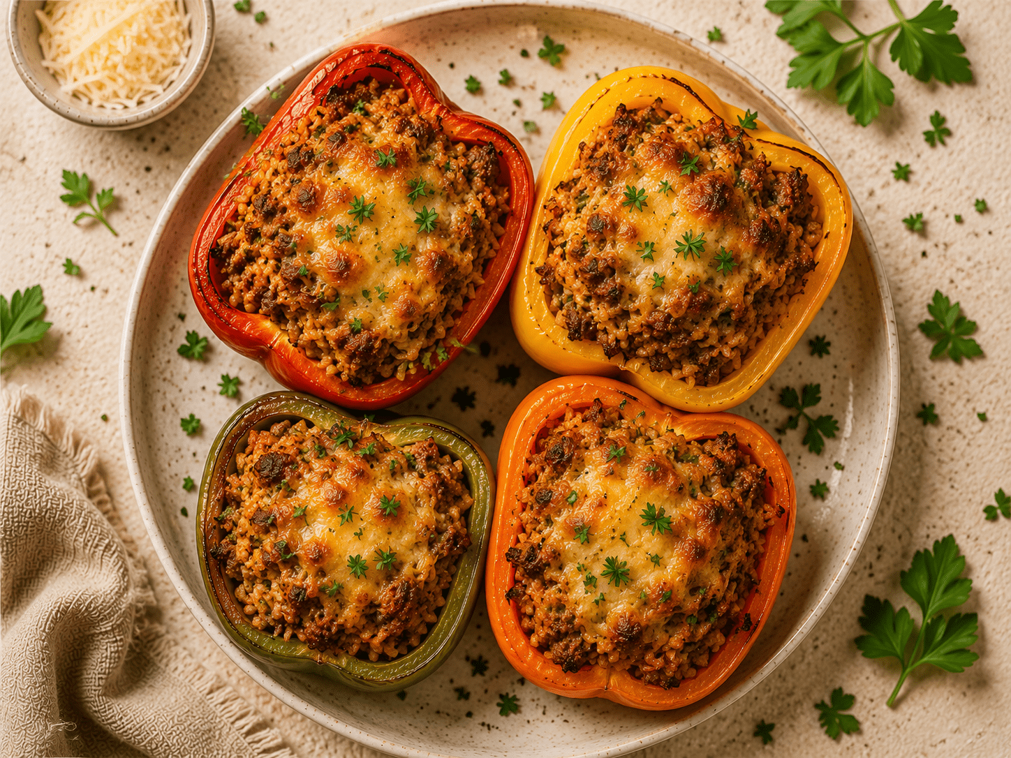 golden air fryer stuffed peppers on a white plate filled with ground beef rice and melted cheese