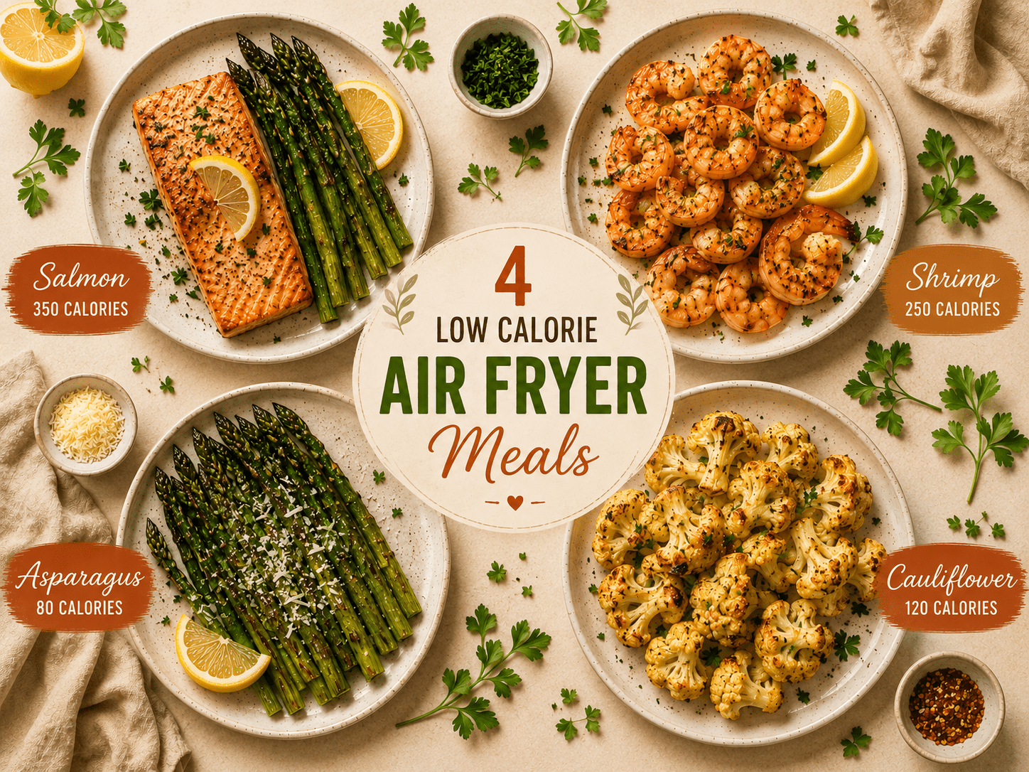 collage of 10 air fryer recipes for weight loss including salmon shrimp asparagus and cauliflower