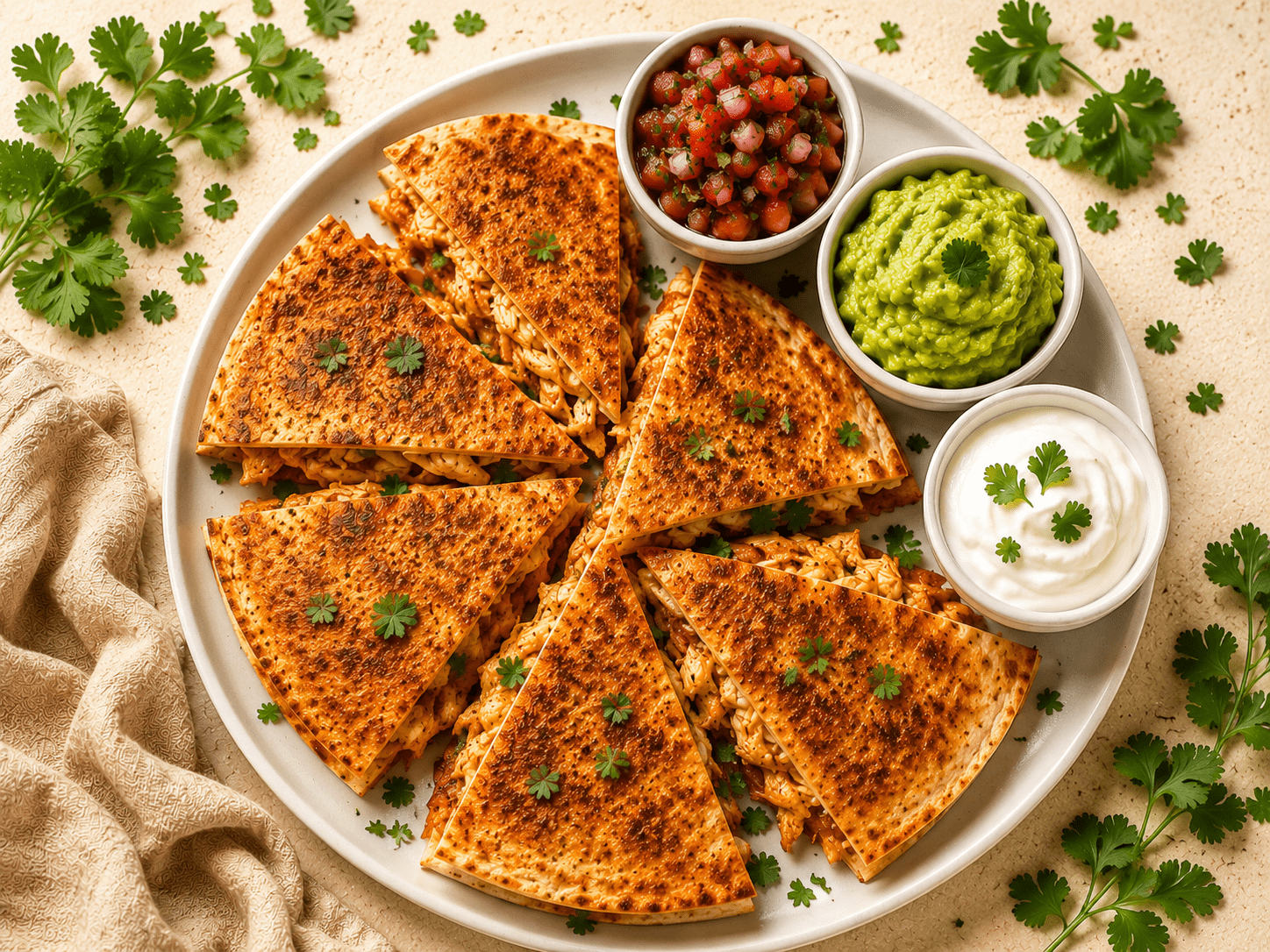 golden crispy air fryer chicken quesadilla cut into triangles on a white plate with sour cream guacamole and salsa