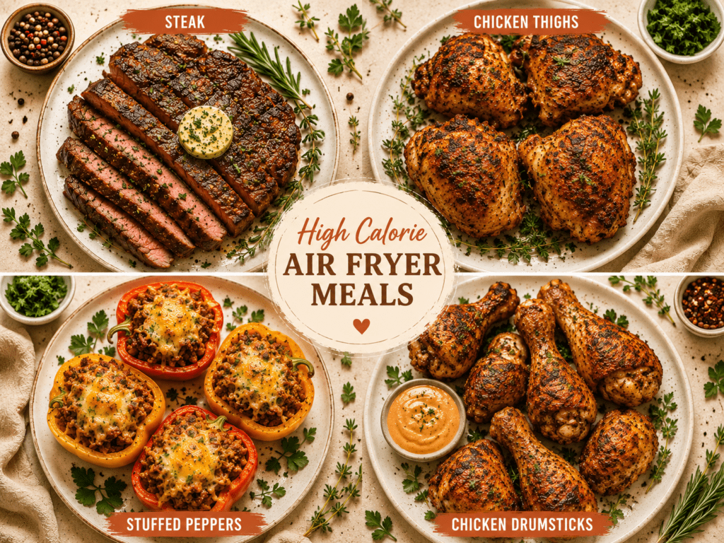 collage of 10 air fryer recipes for weight gain including steak chicken thighs stuffed peppers and drumsticks