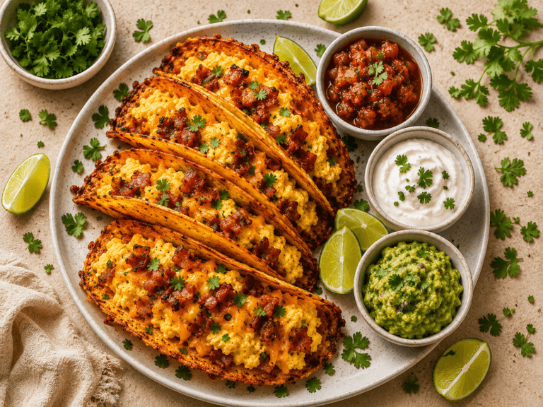 golden crispy air fryer breakfast tacos on a white plate with scrambled eggs bacon cheese salsa and guacamole