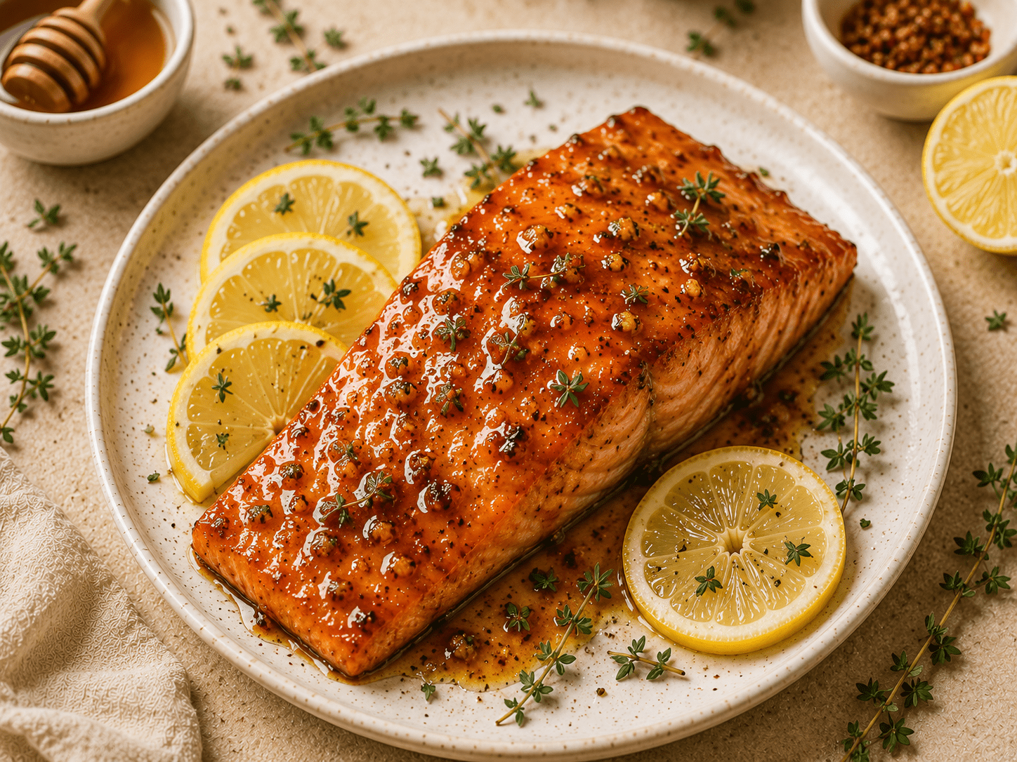 golden air fryer honey glazed salmon fillet on a white plate with sticky glaze lemon and fresh thyme