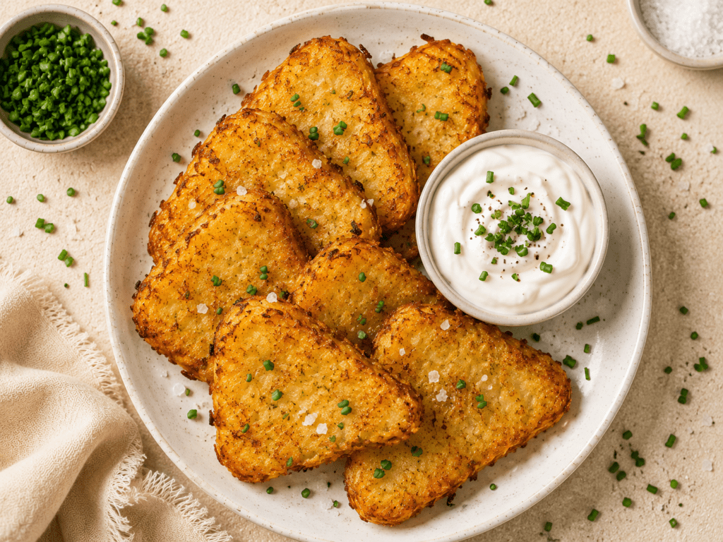 golden crispy air fryer hash browns on a white plate with sour cream and fresh chives