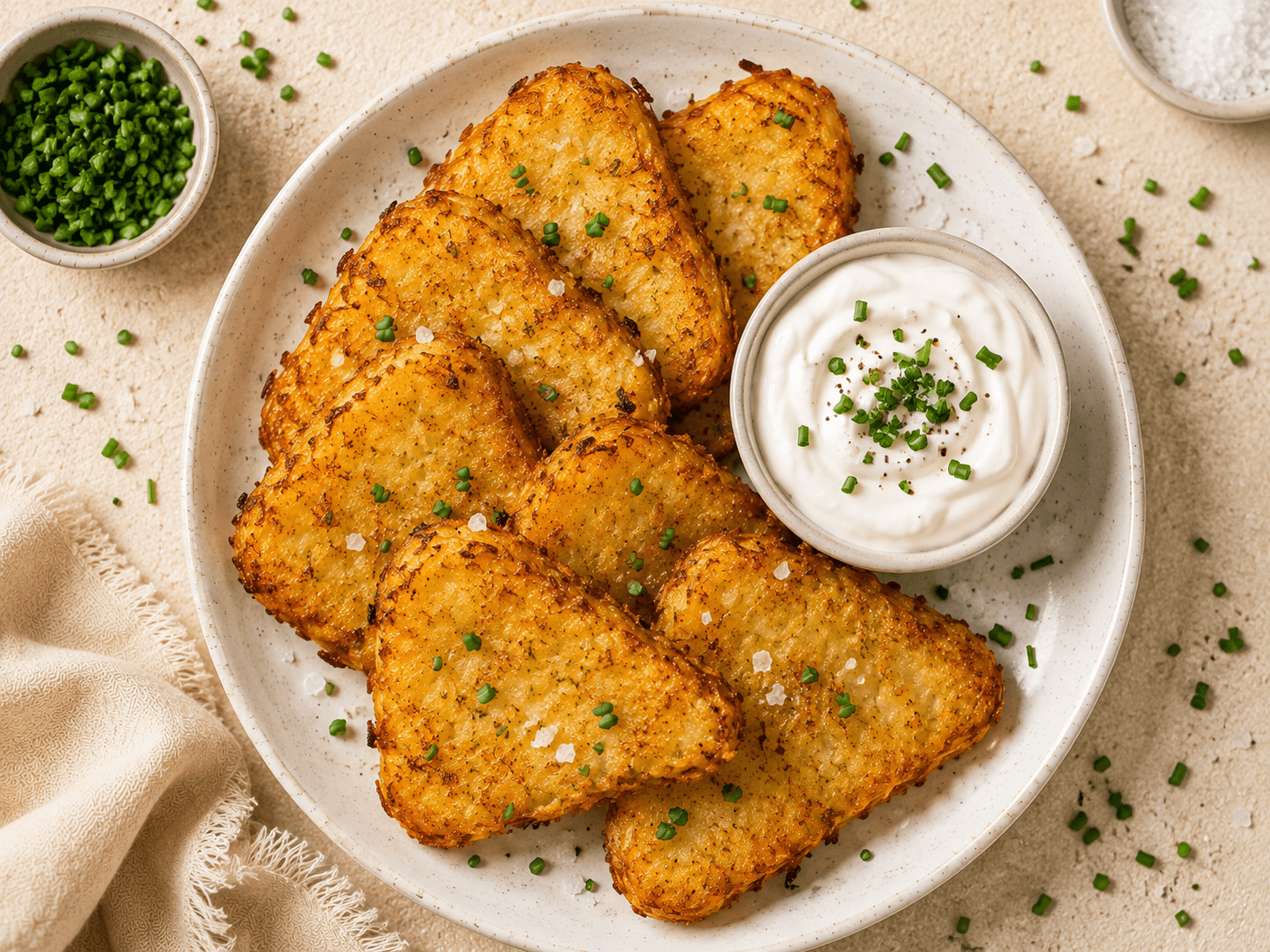 golden crispy air fryer hash browns on a white plate with sour cream and fresh chives