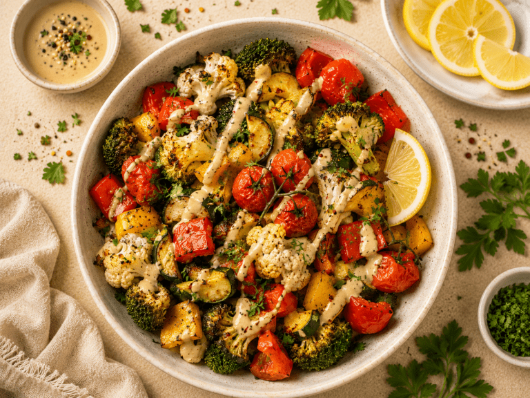 air fryer roasted vegetable bowl with golden crispy broccoli cauliflower bell peppers zucchini and tahini drizzle