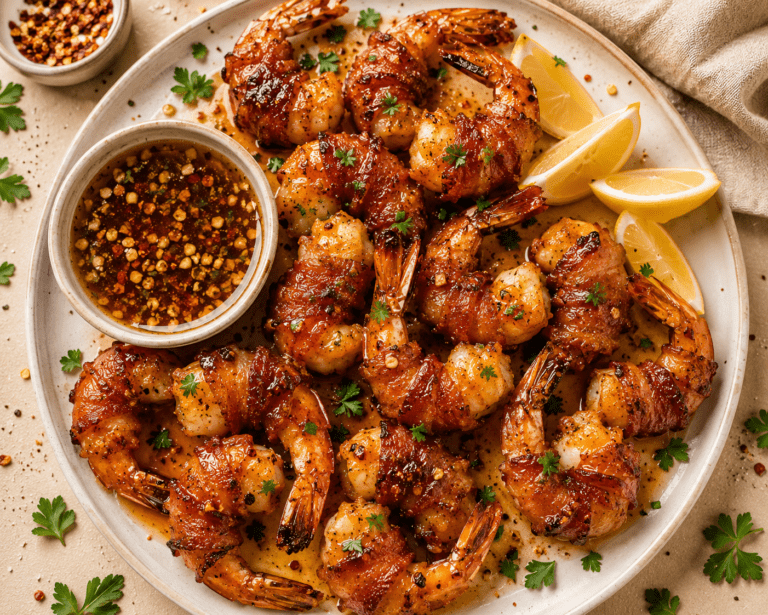 golden crispy air fryer bacon wrapped shrimp on a white plate with honey garlic glaze lemon and parsley