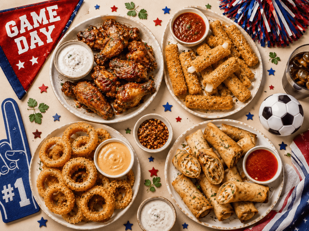 collage of 10 air fryer world cup game day snacks including chicken wings mozzarella sticks onion rings and egg rolls