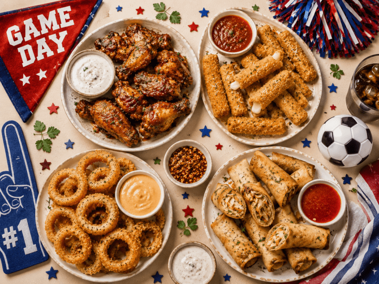 collage of 10 air fryer world cup game day snacks including chicken wings mozzarella sticks onion rings and egg rolls