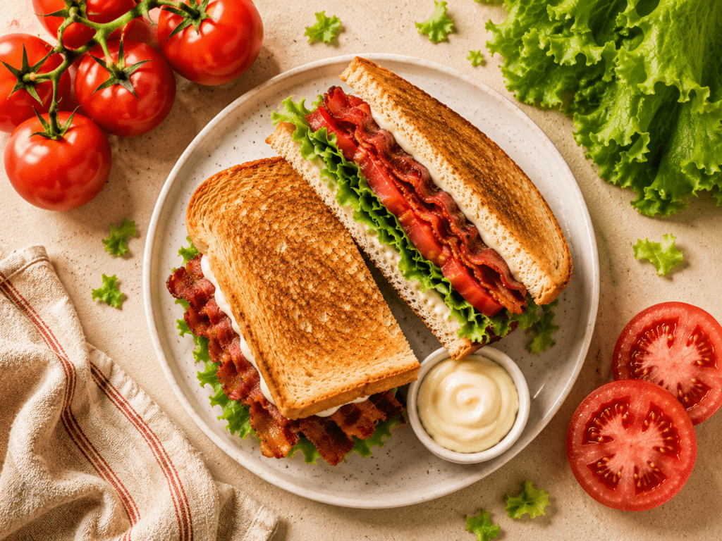 golden crispy air fryer BLT sandwich cut in half showing crispy bacon lettuce and tomato layers on a white plate