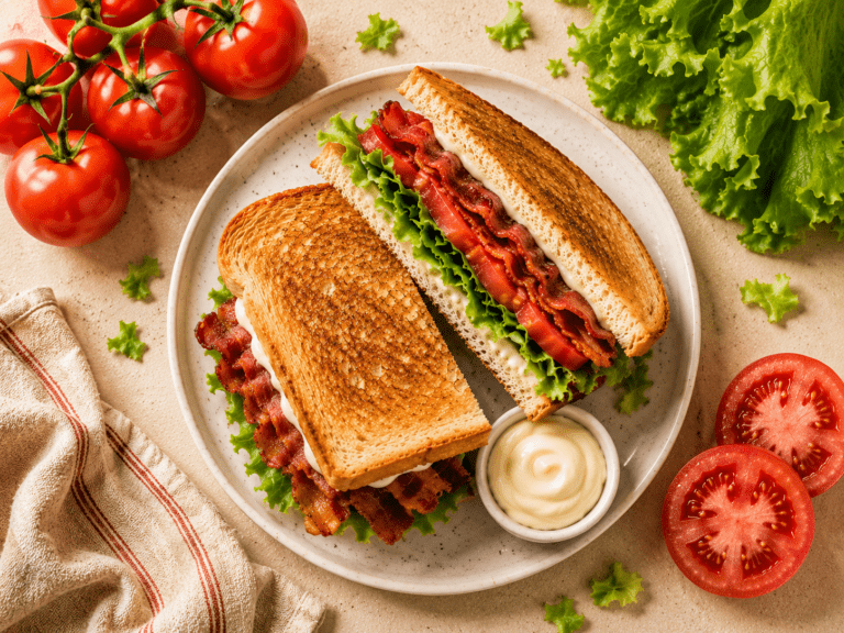 golden crispy air fryer BLT sandwich cut in half showing crispy bacon lettuce and tomato layers on a white plate