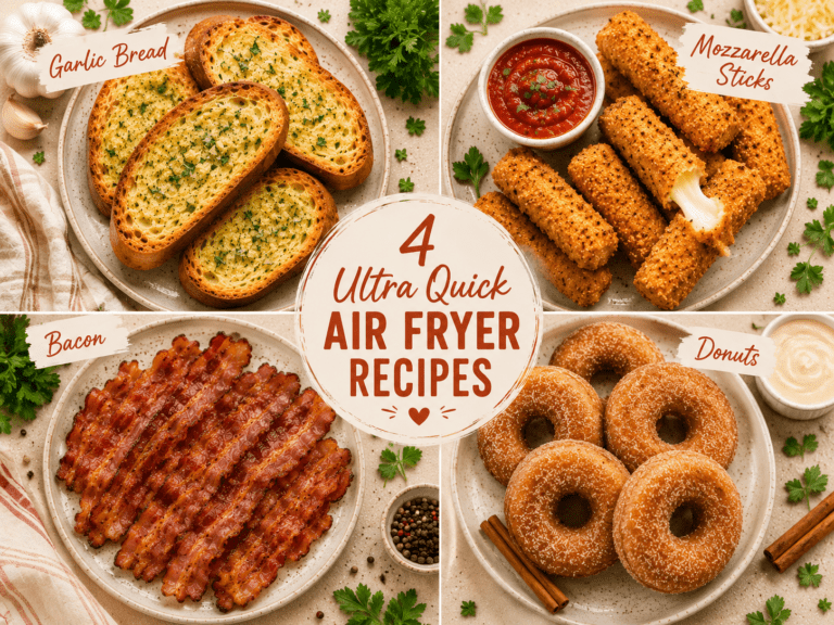 collage of 5 minute air fryer recipes including garlic bread mozzarella sticks bacon donuts and french toast